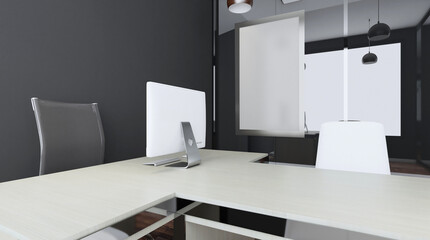 Open space office interior with like conference room. Mockup. 3D rendering.