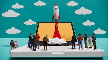 3d rendering  isometric illustration start up concept design, Abstract urban modern style.Team working on spaceship launch start up and big word. Creative idea rocket and object colour collection.