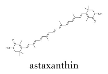Astaxanthin pigment molecule. Carotenoid responsible for the pink-red color of salmon, lobsters and shrimps. Used as food dye (E161j) and antioxidant food supplement. Skeletal formula.