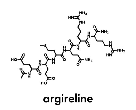 Acetyl hexapeptide-3 (argireline) molecule. Peptide fragment of SNAP-25. Used in cosmetics to treat wrinkles. Skeletal formula.