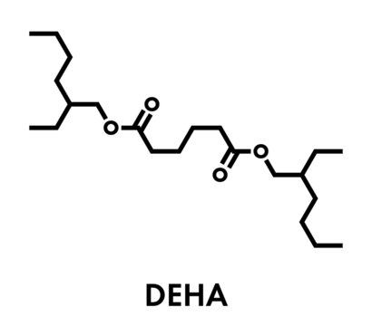 Bis(2-ethylhexyl) adipate (DEHA, diisooctyl adipate) plasticizer molecule. Skeletal formula.
