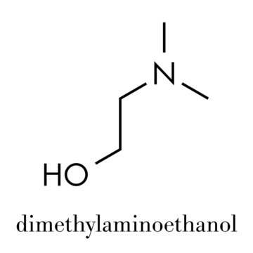 Dimethylaminoethanol (dimethylethanolamine, DMEA, DMAE) molecule. May have beneficial effects on health, including lifespan increase. Skeletal formula.