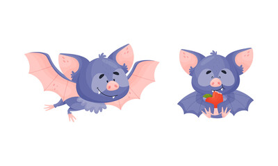 Funny Purple Bat Character Eating Apple and Fluttering Vector Set