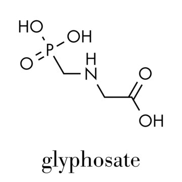 Glyphosate herbicide molecule. Crops resistant to glyphosate (genetically modified organisms, GMO) have been produced by genetic engineering. Skeletal formula.