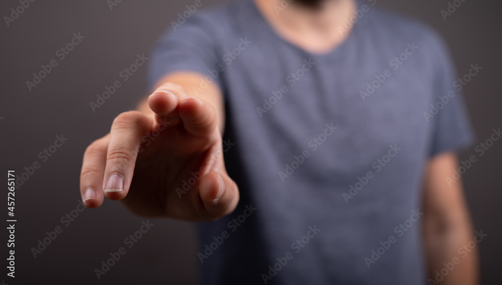 Poster Businessman pointing or touching finger in screen..