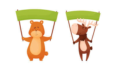Cute Animals Holding Blank Sign Board on Pole Vector Set