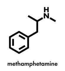 Methamphetamine (crystal meth, methamfetamine) stimulant drug molecule. Skeletal formula.