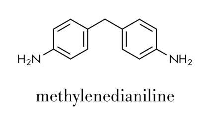 4,4'-methylenedianiline (methylenedianiline, MDA) molecule. Suspected carcinogen, on the list of substances of very high concern. Used in polyurethane production. Skeletal formula.