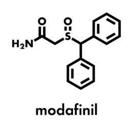 Modafinil wakefulness promoting drug. Used to treat narcolepsy and illicitly as a doping agent. Skeletal formula.
