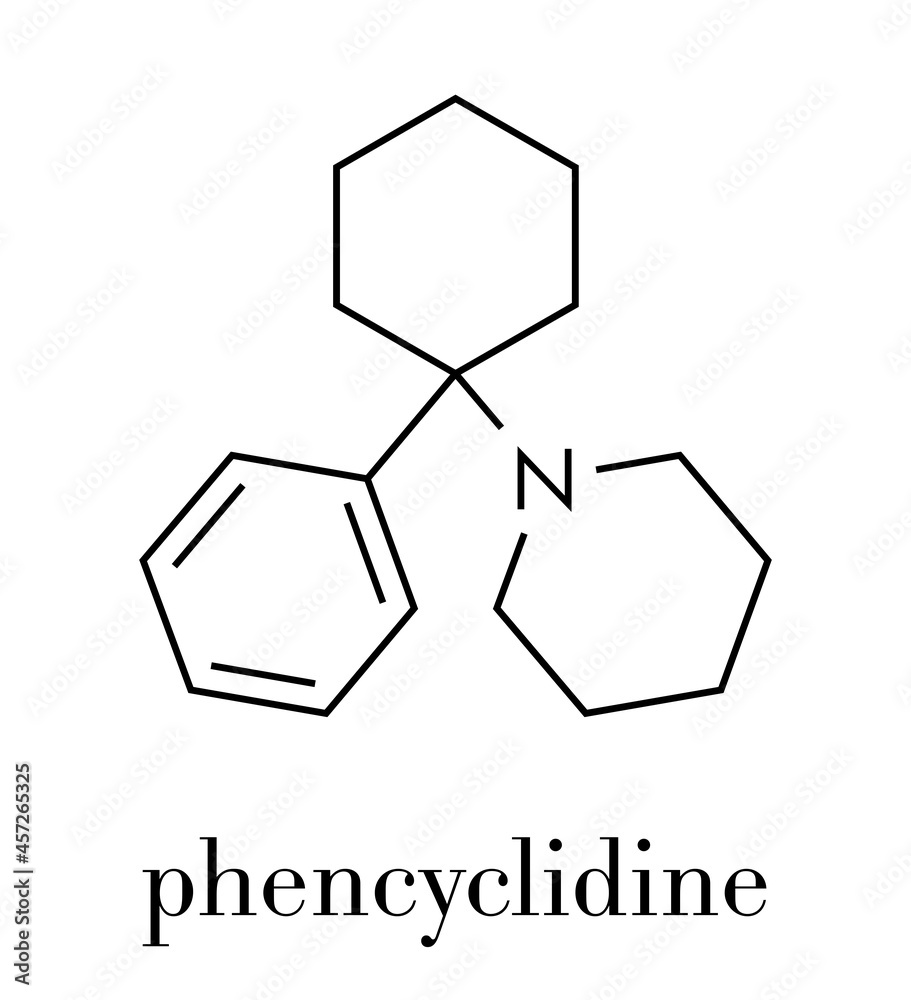 Sticker Phencyclidine (PCP, angel dust) hallucinogenic drug molecule. Skeletal formula.