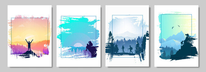 Landscapes set. Travel concept of discovering, exploring, observing nature. Hiking. Adventure tourism. Man watches nature, climbing to top, friends going hike, support of friends. Modern illustration