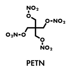 Pentaerythritol tetranitrate (PETN) explosive molecule. Also used as angina drug (nitrate class). Skeletal formula.