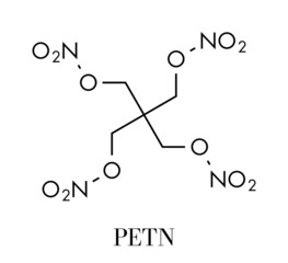 Pentaerythritol tetranitrate (PETN) explosive molecule. Also used as angina drug (nitrate class). Skeletal formula.