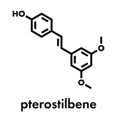 Pterostilbene molecule. Natural sources include almonds and blueberries. Skeletal formula.