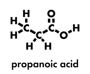 Propionic acid (propanoic acid) molecule. Used as preservative in food. Skeletal formula.