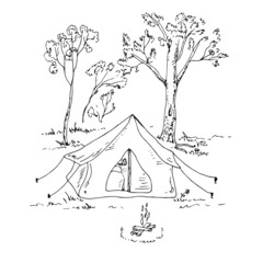 Tent in the woods. Bonfire and trees. Secluded outdoor recreation. Sketch. Slow life.