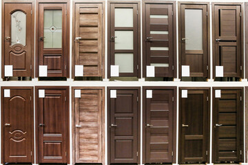 wall of doors in the store. interior doors installed in a row. different doors in the hardware store