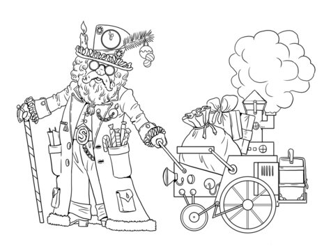 Funny steampunk Santa Claus. Happy New Year card. Christmas template for coloring.	