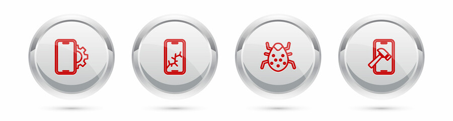 Set line Phone repair service, Mobile with broken screen, System bug and . Silver circle button. Vector
