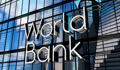Naklejka premium World bank - typographical concept, sign on glass building - 3D illustration