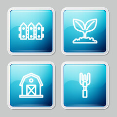 Set line Garden fence wooden, Plant, Farm house and rake icon. Vector