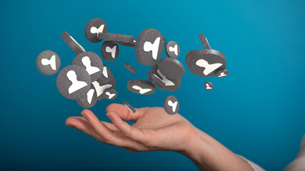 holding 3D rendering group of blue people