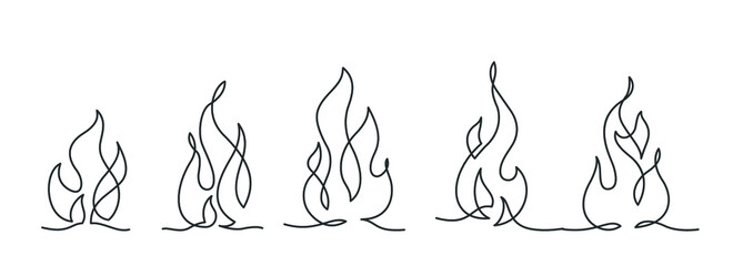 Continuous line drawing of fire on white background. Set of flame shape. Vector illustration.
