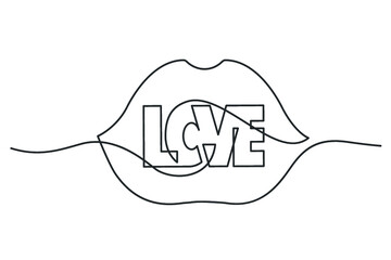 Continuous line drawing of lips on white background. Kissing lips express love. Vector illustration