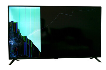 broken lcd tv with bright stripes on screen, isolate on white background