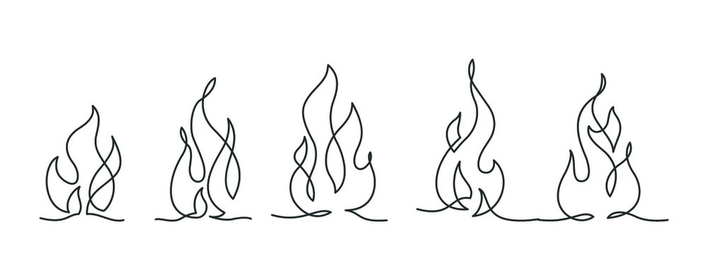 Continuous line drawing of fire on white background. Set of flame shape.  Vector illustration. Stock Vector