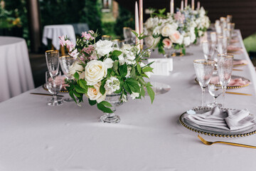 Beautiful flowers on table in wedding day