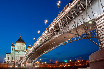 Fototapeta premium Cathedral of Christ the Savior with beautiful illumination in the light of evening city lighting. Cityscape at sunset.