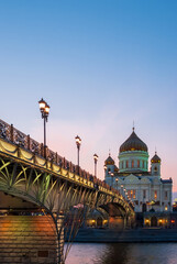 Cathedral of Christ the Savior with beautiful illumination in the light of evening city lighting. Cityscape at sunset.