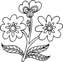 Black line flower twig, flowers on stem with leaves, outline floral vector decorative botanical illustration