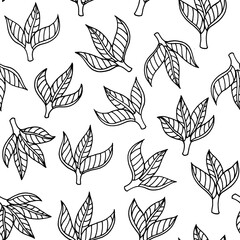 Floral black and white seamless pattern with hand drawn twigs and leaves, line art decorative botanical drawing