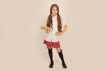 a beautiful schoolgirl girl in a white shirt and a plaid skirt in black knee socks holds notebooks