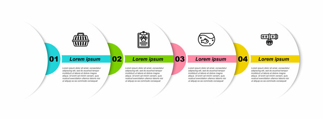 Set line Pet carry case, Clinical record pet, Aquarium with fish and Collar name tag. Business infographic template. Vector