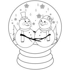 Cute snowmen inside a snow globe. Vector black and white coloring page.