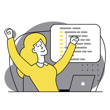 Concept of script coding, programming. JavaScript, PHP, HTML, other languages. Programmer working on web development on the laptop. Software developers. Flat cartoon illustrations