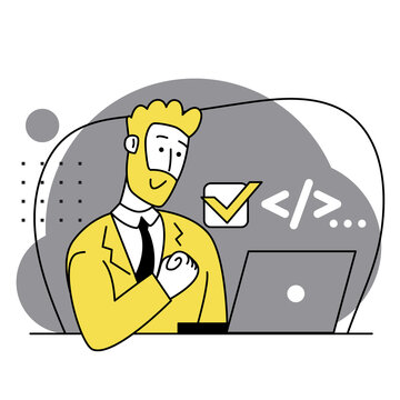 Concept of script coding, programming. JavaScript, PHP, HTML, other languages. Programmer working on web development on the laptop. Software developers. Flat cartoon illustrations