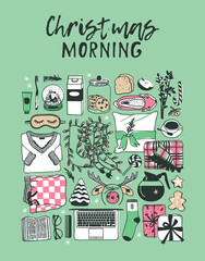 Hand drawn pattern with Christmas objects.Vector Celebration Illustration. Creative artwork. Cozy Winter set of decoration. Doodle Holidays background.