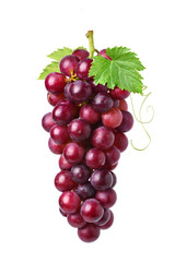 A bunch of red grape with leaves isolated on white background.