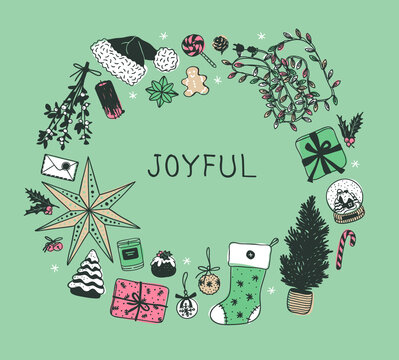 Hand drawn pattern with Christmas objects.Vector Celebration Illustration. Creative artwork. Cozy Winter set of decoration. Doodle Holidays background.