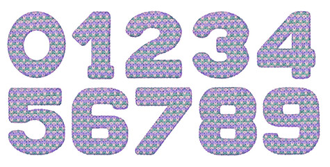 Cozy winter handiwork numbers knitted from lilac, white, green woolen threads, rope isolated on white background