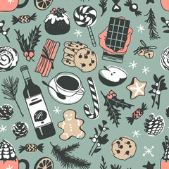 Hand drawn Christmas seamless pattern with food: candy cane, pudding, gingerbread cookies, tea or coffee, latte, bun, chocolate, wine on green background. Creative Holidays ink art work. Actual vector