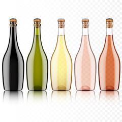 Set of transparent wine bottles with cork, isolated.