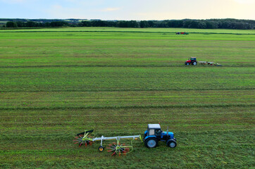 Tractor raking grass for silage harvesting. Agriculture machinery working at field. Grass Silage for animal feeding on the farm. Wheel Rakes for Grass silage raking, baling and wrapping. Hay making.