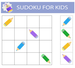  Sudoku for kids. Logical thinking training. Activity page with pictures. Puzzle game. 