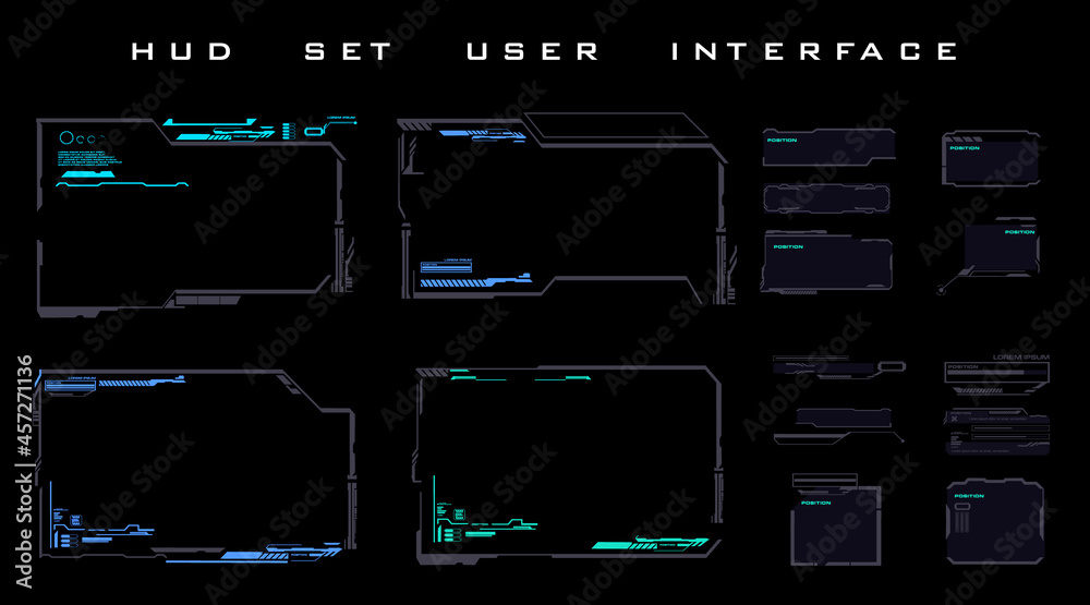 Poster set futuristic hud frames and headers, ui ux for hud ui. hud user interface elements. callouts, head