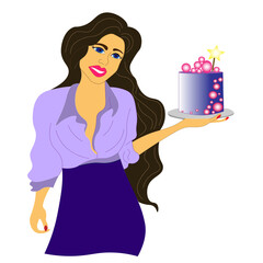 confectioner chef girl holds her cake in her hands. brunette in shirt shows birthday cake. Blue cake. Blogger about food. No to diets. Vector. Bakery products.